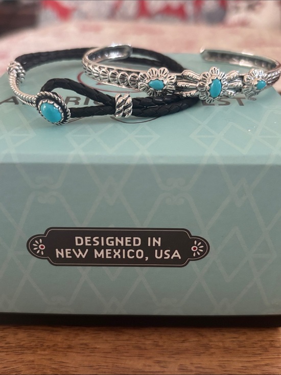 American West Jewelry - American West 925 Sterling Turquoise Bangle & Leather/Turquoise 925 Bracelet Duo